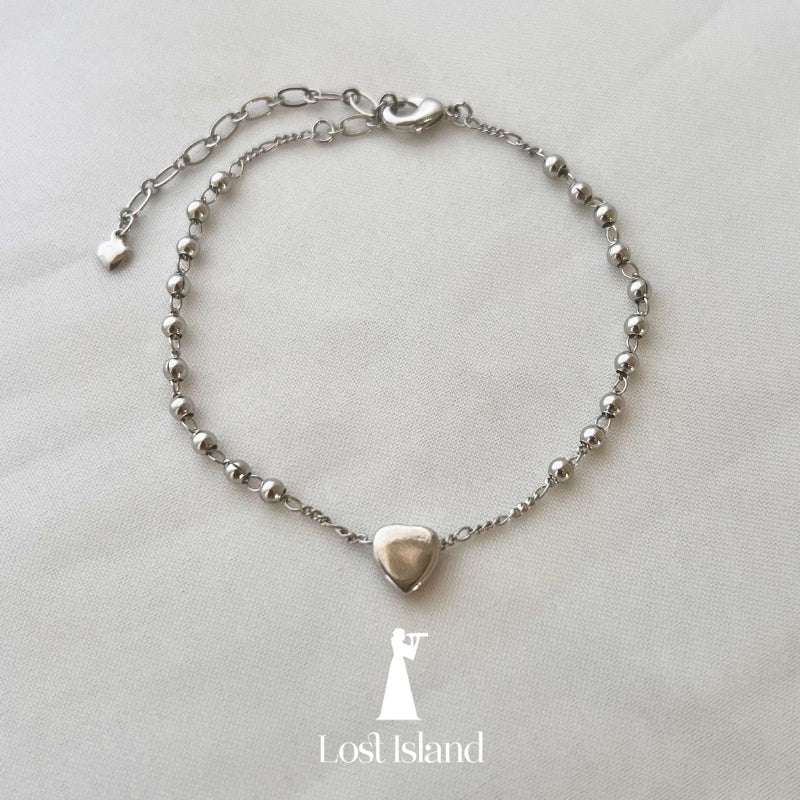 Pulseira Coração Maciço e Bolinha Banho Ródio