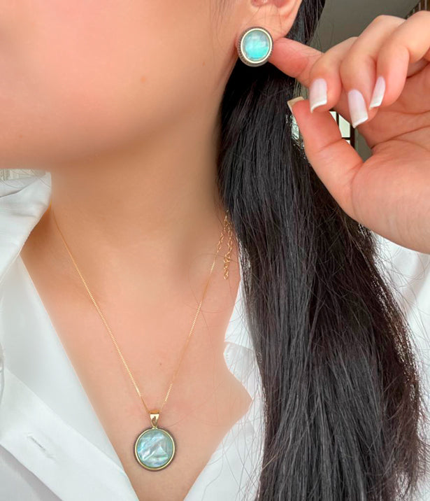 Conjunto Madrepérola Azul Banho Ouro 18k