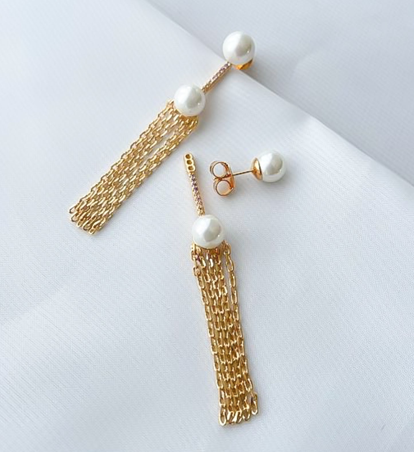 Ear Jacket 3 peças Pérola e Franja Banho 18k