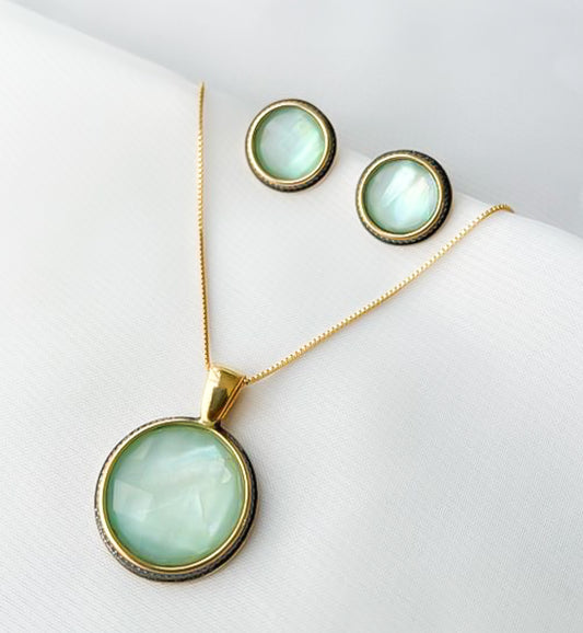 Conjunto Madrepérola Azul Banho Ouro 18k