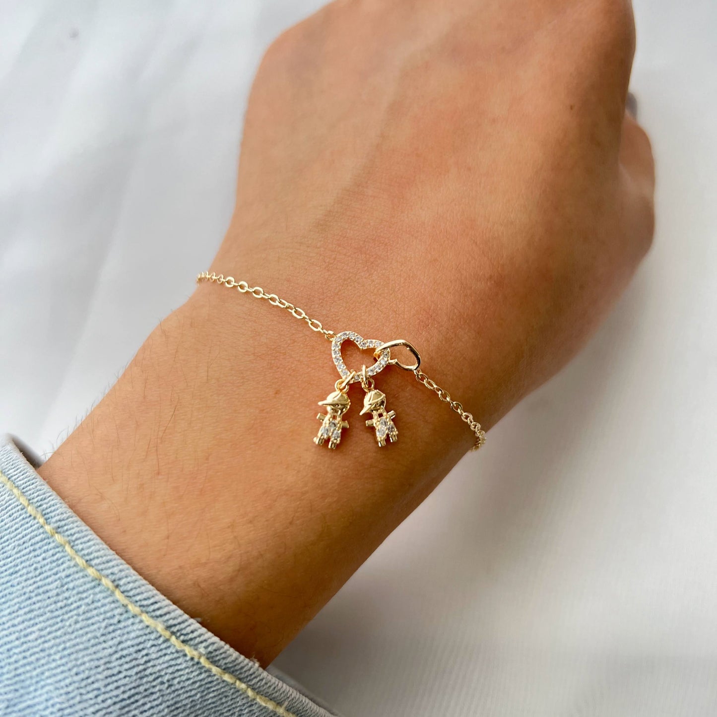 Pulseira Filhos Coração Cravejado Banho 18k