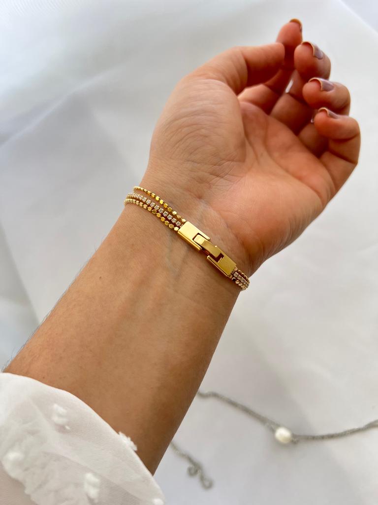 Pulseira Tripla Riviera e Corrente Moeda Banho Ouro 18k
