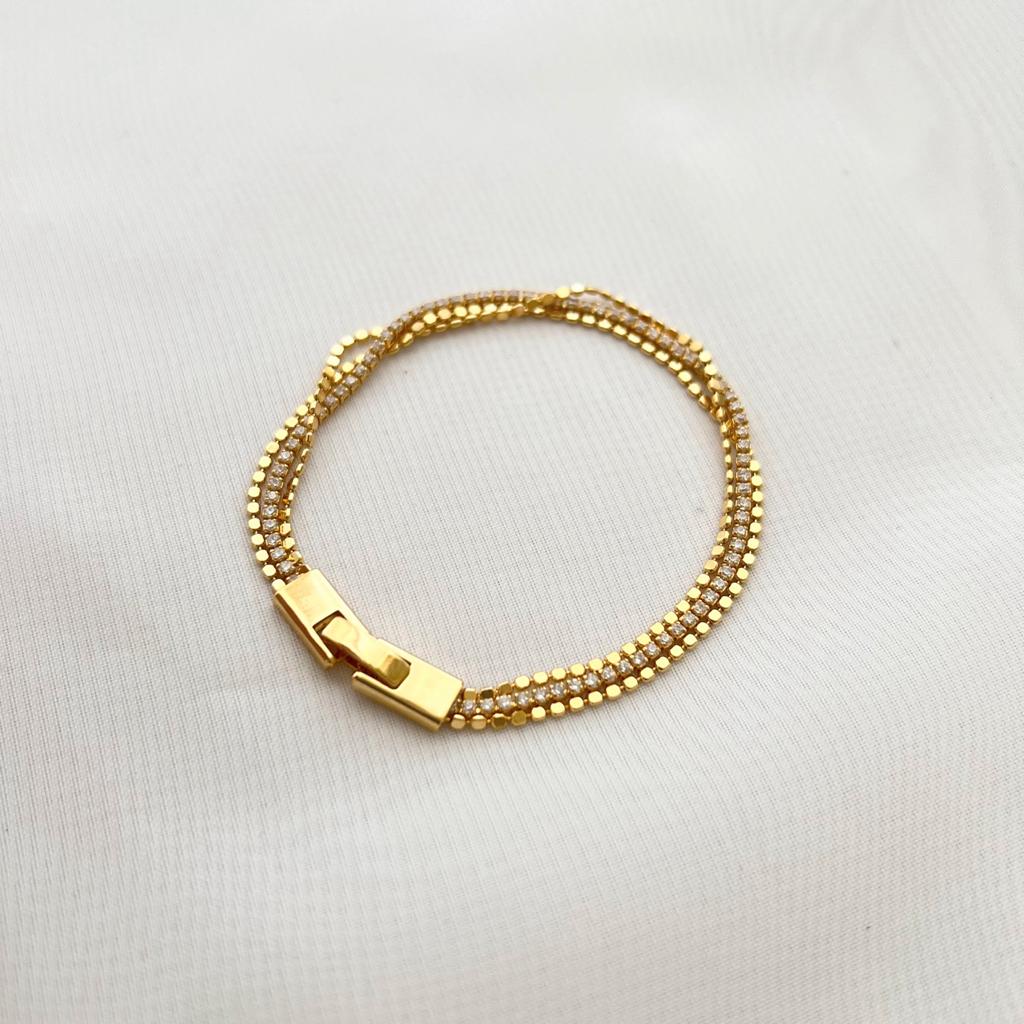Pulseira Tripla Riviera e Corrente Moeda Banho Ouro 18k