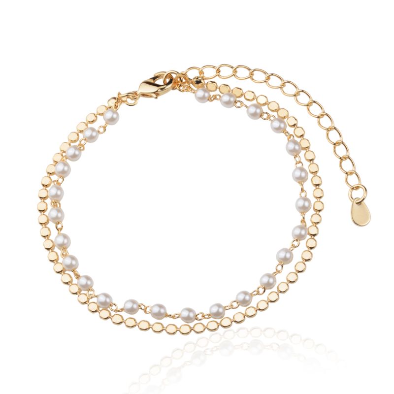 Pulseira Corrente Dupla Moeda e Mini pérola Banho Ouro 18k