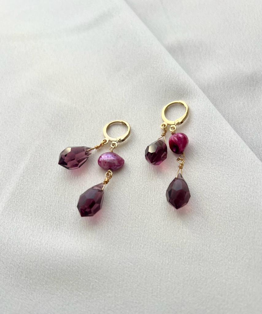 Brinco Lila Artesã Cristal Banho Ouro 18k