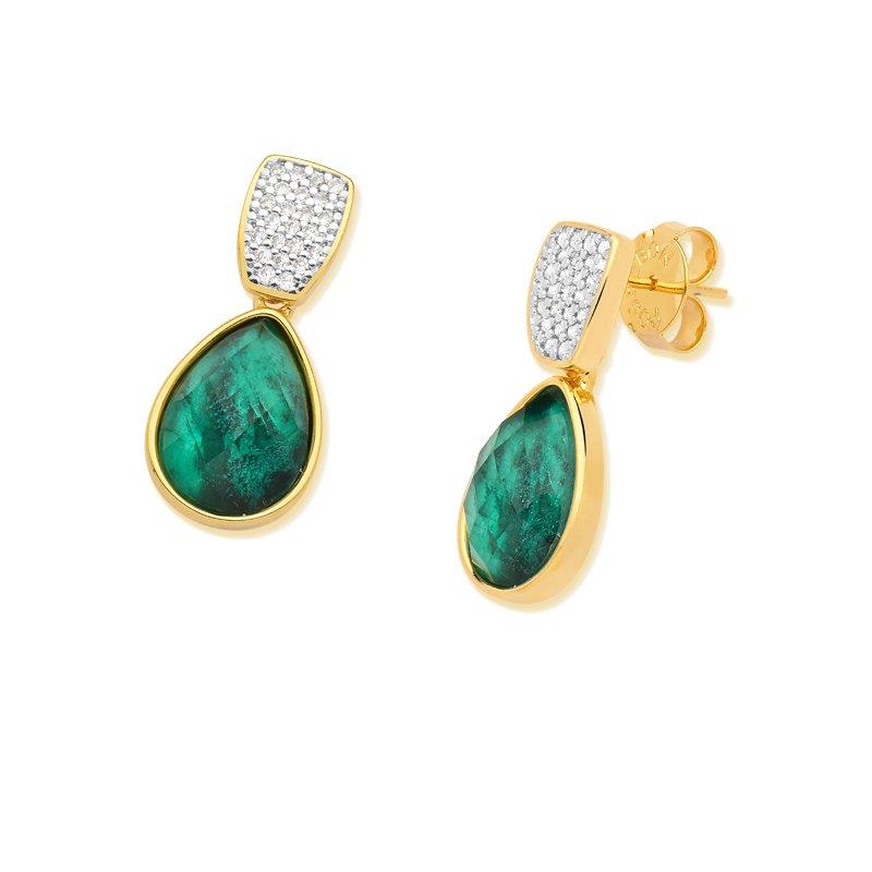 Brinco Gota Esmeralda com base Trapézio Banhado a Ouro 18k