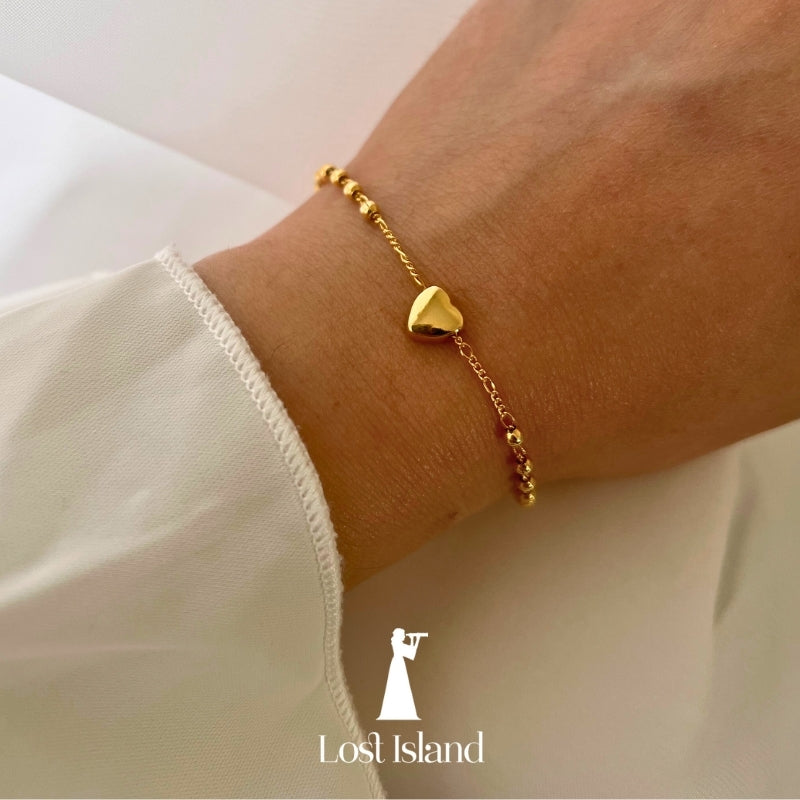 Pulseira Coração Maciço e Bolinha Banho Ouro 18k