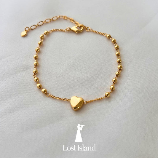 Pulseira Coração Maciço e Bolinha Banho Ouro 18k