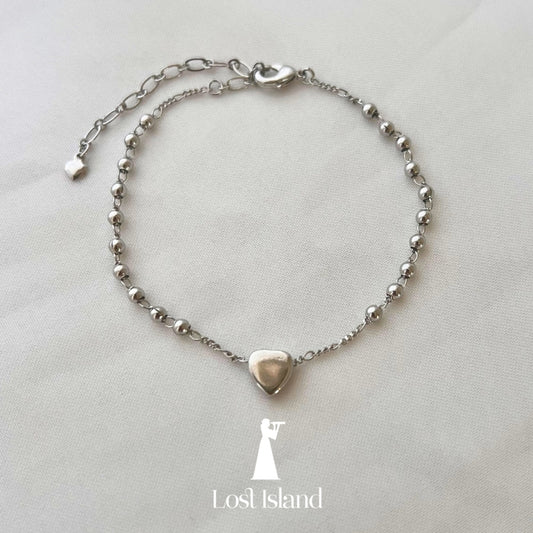 Pulseira Coração Maciço e Bolinha Banho Ródio