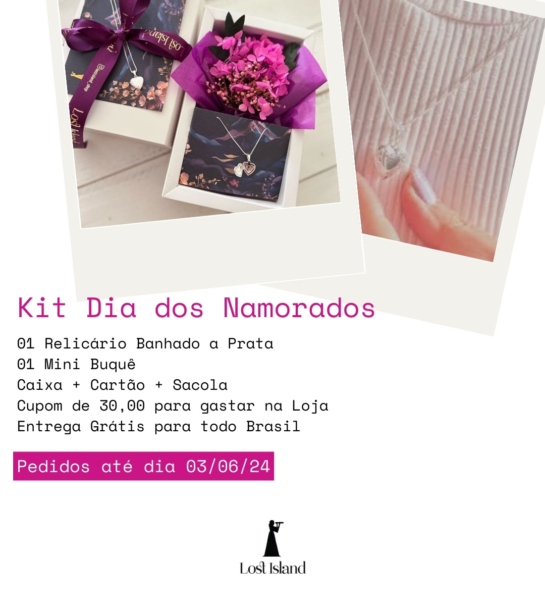 Kit Dia dos Namorados Colar Relicário + Mini Buquê